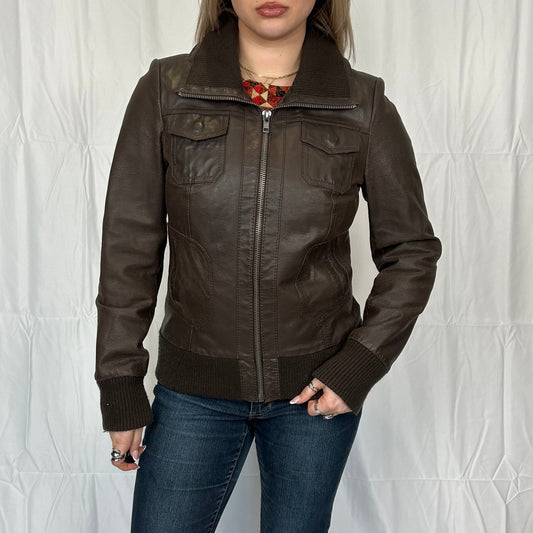 Vintage y2k style brown leather ribbed jacket