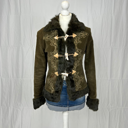 Vintage y2k style khaki cord and faux fur embroidered jacket