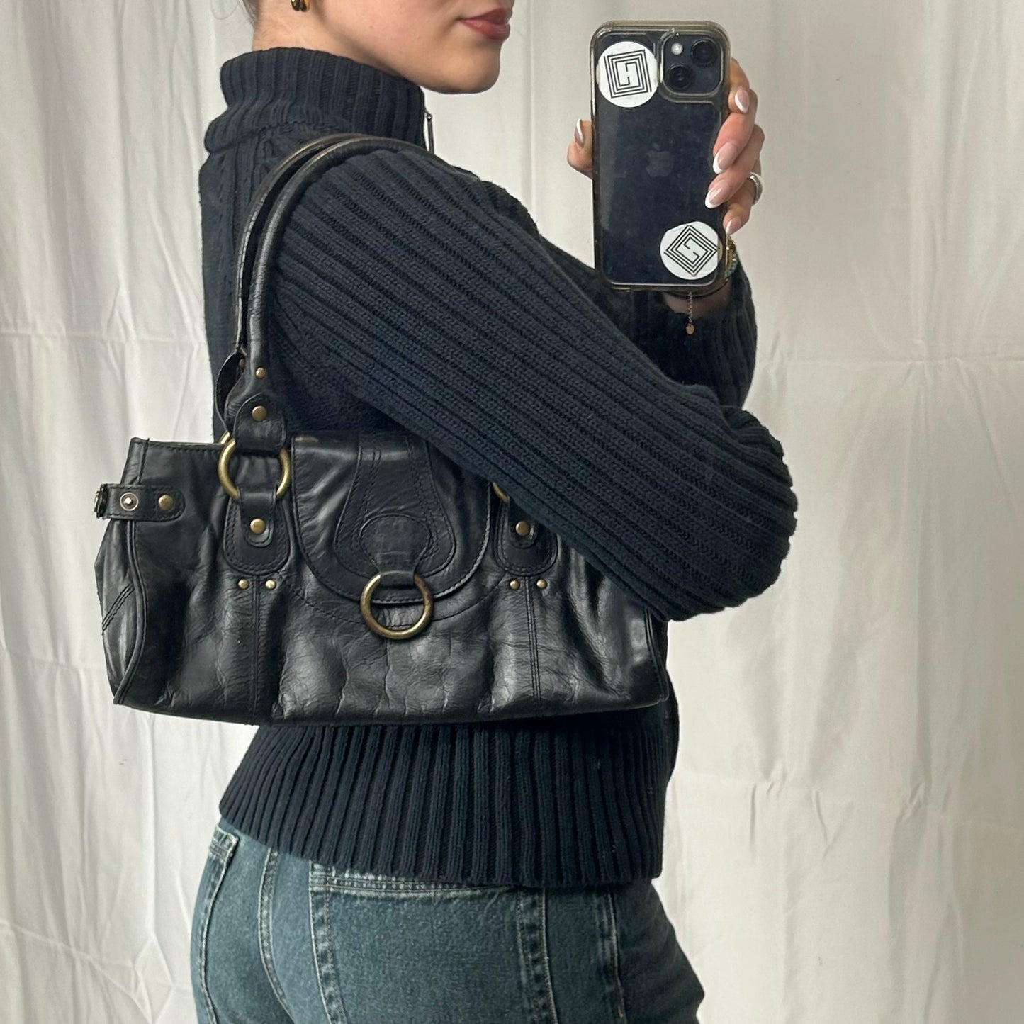 Vintage y2k style black leather shoulder bag