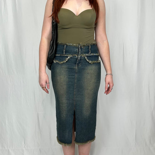 Vintage y2k style faded denim midi skirt