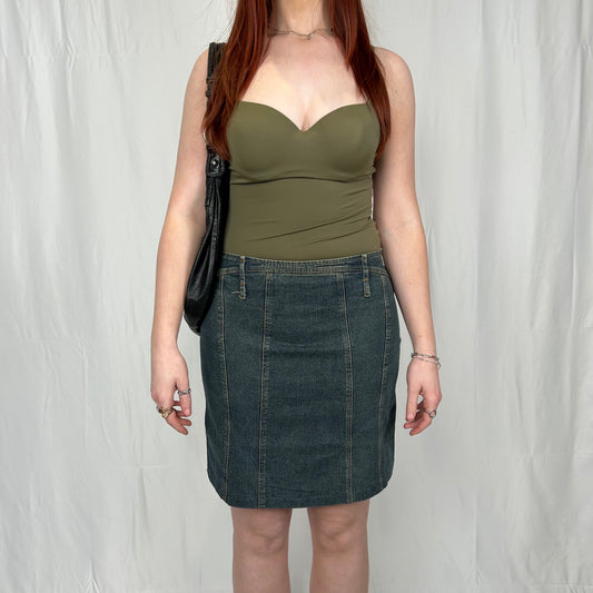 Vintage y2k style denim and leather midi skirt