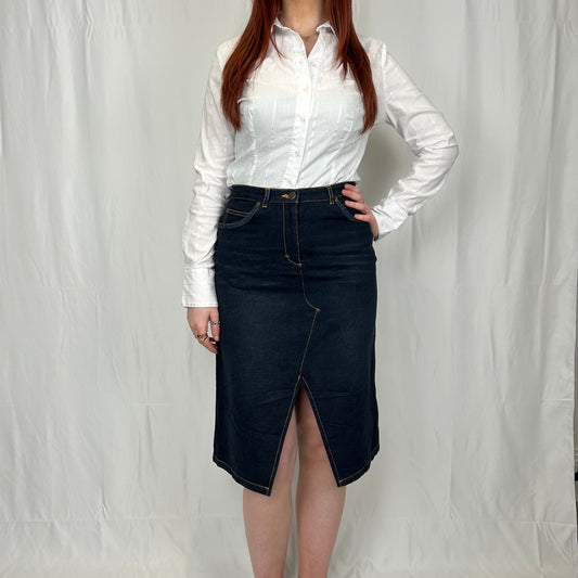 Vintage y2k style dark wash denim and cord midi skirt