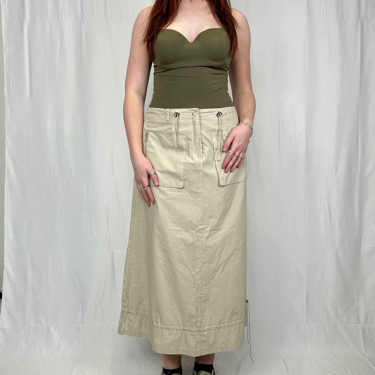 Vintage y2k style cream long cargo skirt