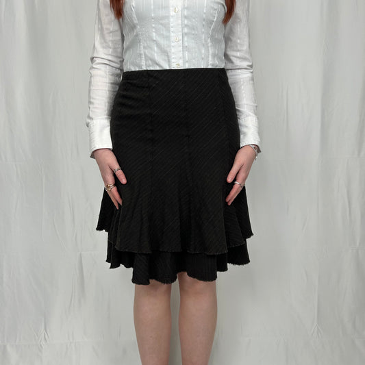 Vintage y2k style dark brown pinstripe office core midi skirt