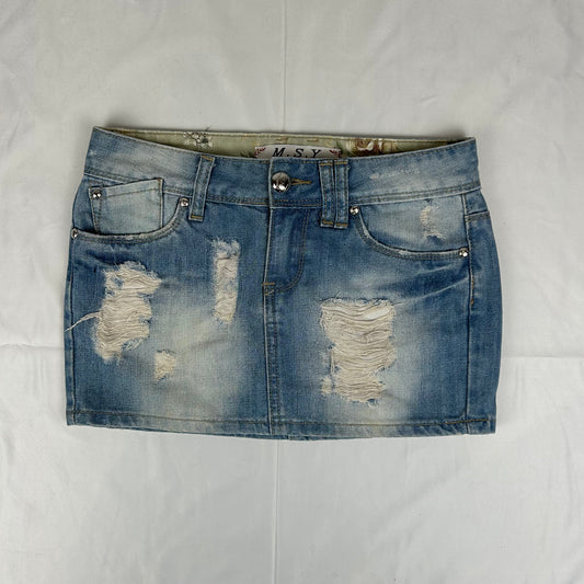 Vintage y2k style distressed denim mini skirt