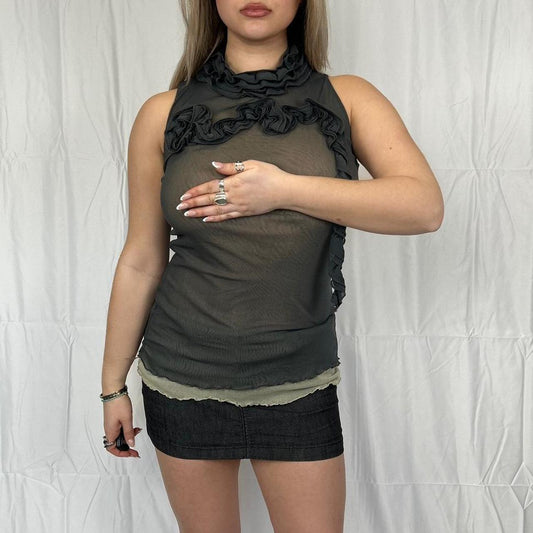 Vintage y2k style mesh double layered top with ruffled floral detail