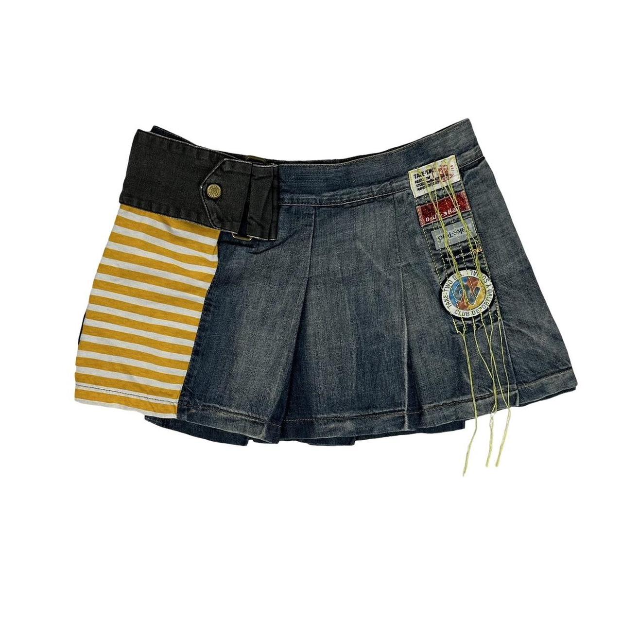 Vintage y2k style denim patchwork pleated mini skirt